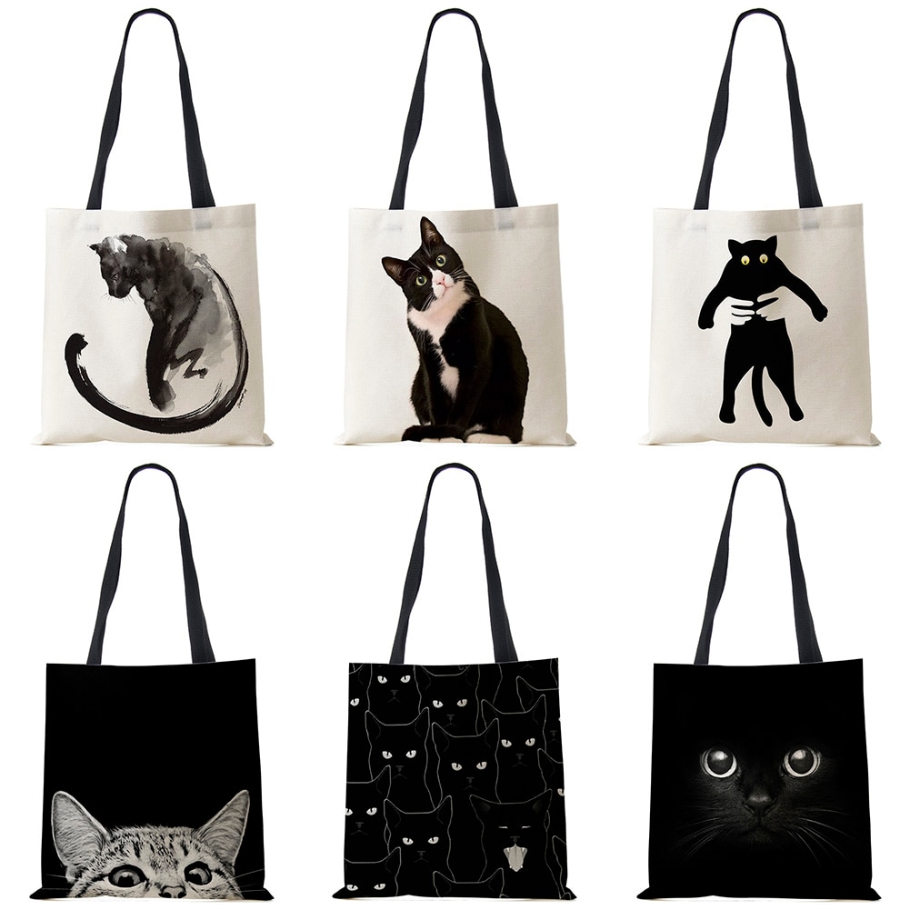 Lady Designer Tote Bags Sumi Black Cat Printed Linen Fabric Eco Handbag Shopping Office Reusable Casual Shoulder Bag