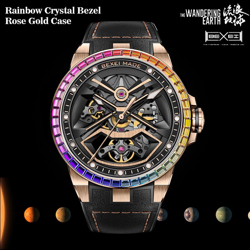 9115 watch for man  mechanical  waterproof  5ATM  Automatic movement Reserve 80H Rainbow Crystal Bezel  Rose Gold  case