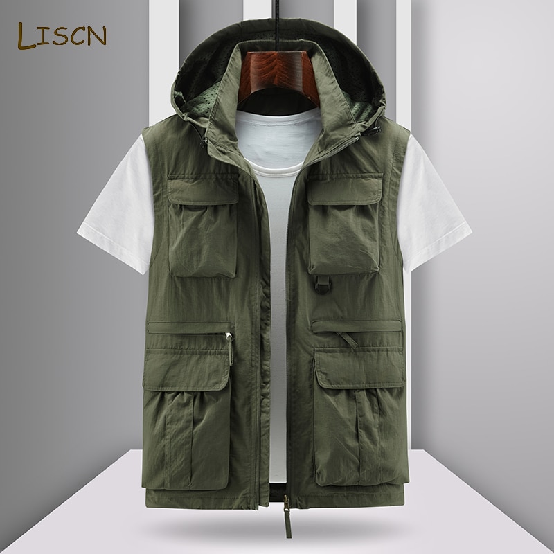 Men Many Pocket Sleeveless Jacket Men New Fishing Casual Jacket Slim Fit Windbreaker Fashion Hooded Sleeveless Jacket For Men