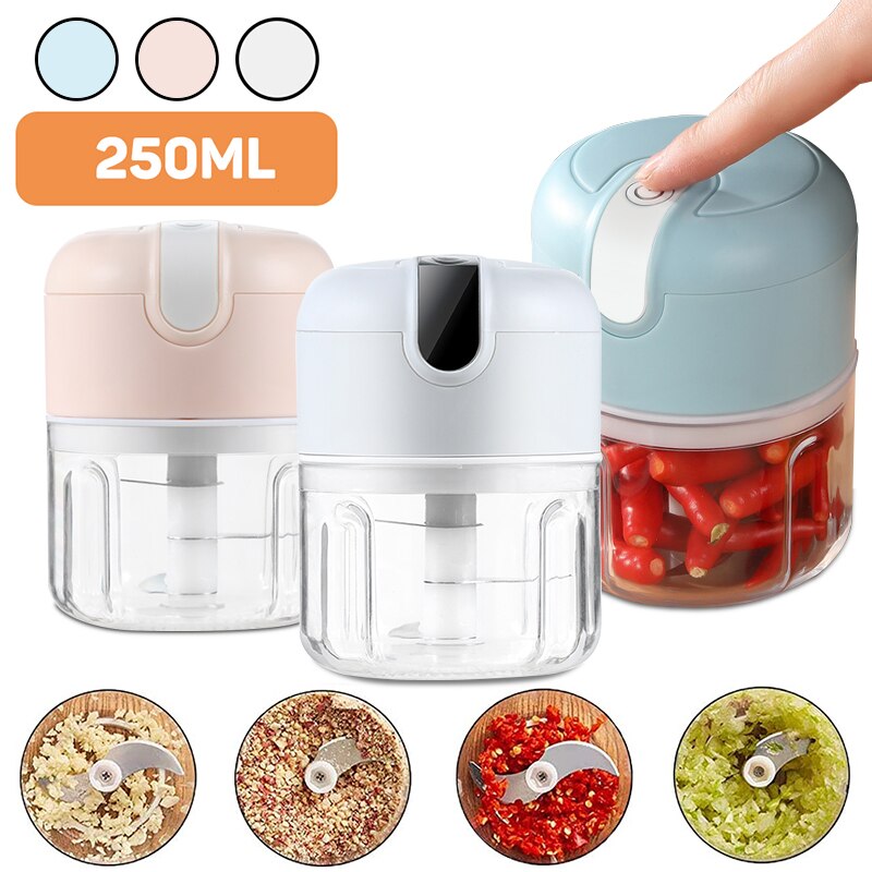 250mL Mini Electric Garlic Masher Chopper Cutter Ginger Masher Machine for Kitchen Food Crusher Chili Vegetable USB Charging