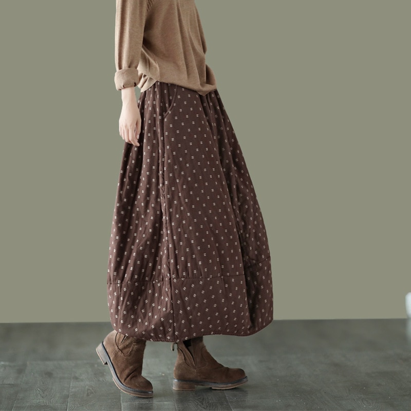 Ancient coffee clothing autumn and winter retro cotton and linen cotton skirt elastic waist literature and art thin thick skirt