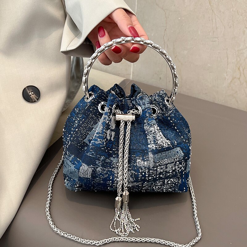 New Tassel Handbag Bucket Bag Round Ring Design Hand Bag For Women 2023  Denim Clutch Fashion Chain Shoulder Crossbody Bag