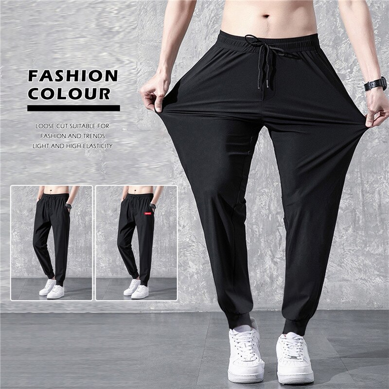 Men'S Summer Thin Pants Korean Trend Straight Tube Loose Ice Silk Elastic Sweatpants For Boys Spring Autumn Elastic Trousers