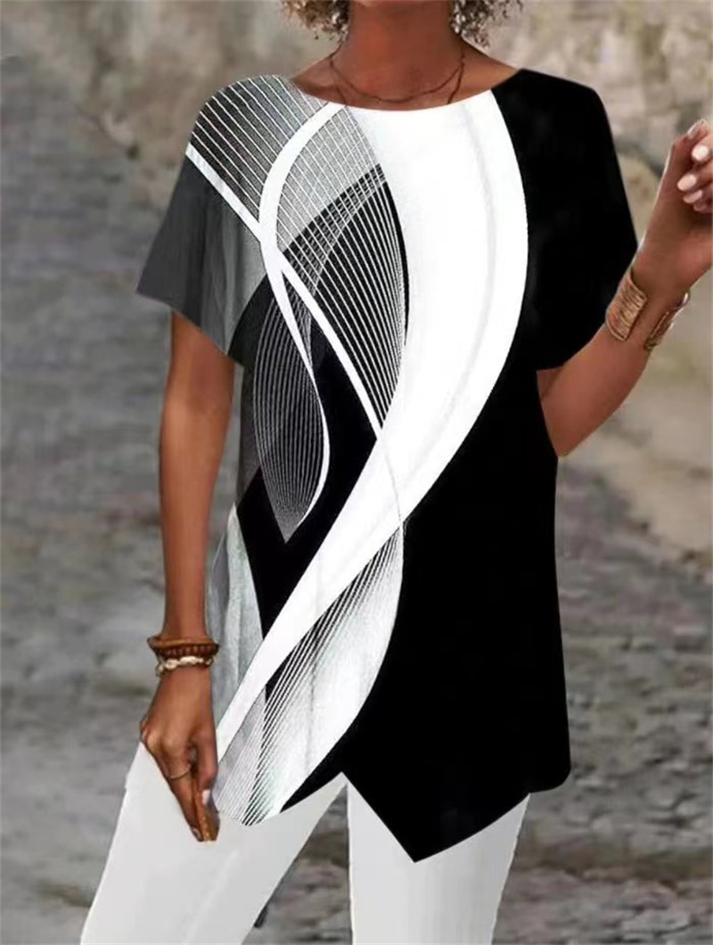 Fashion Geometric Print Loose Short Sleeve T-Shirt 2023 Summer Women's Daily Street Casual Irregular Hem Tees Female O Neck Tops