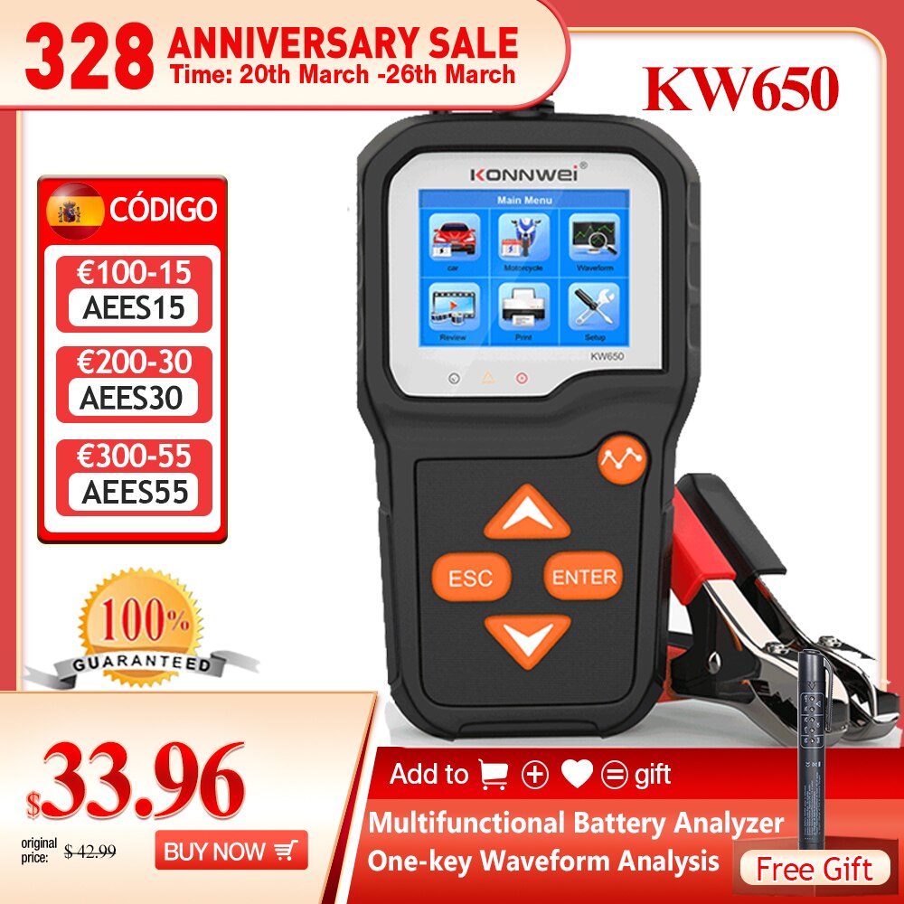 KONNWEI KW650 Car Battery Tester Analyzer 100 to 2000 CCA  6V 12V Automotive Battery System Car Quick Cranking Charging Tool
