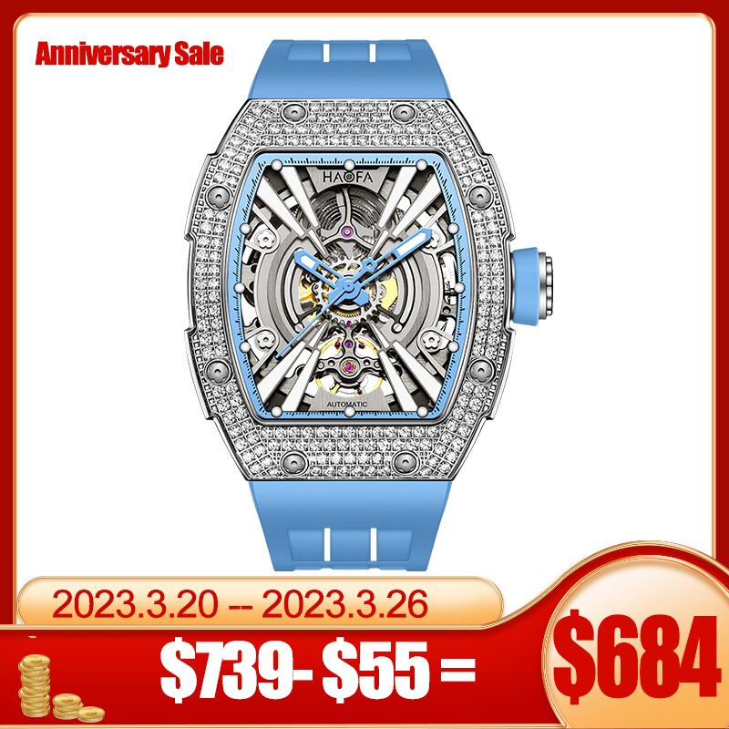 Haofa Luxury Automatic Mechanical Watch For Men Sapphire Self Wind Fashion Luminous Skeleton Men Watch Crystal Bezel Waterproof