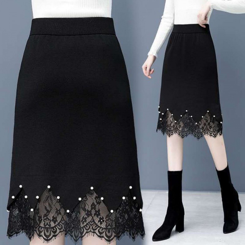 Lace skirt thickened knitted new autumn/winter 2022 high waist step skirt versatile black A-line skirt wholesale