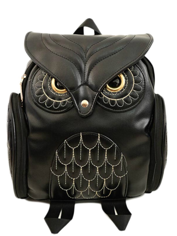 Faux Leather Owl Embrodiery Backpack For Women School Shoulder Bag