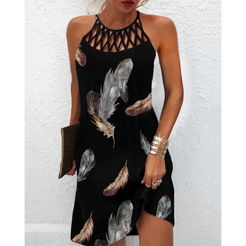 Summer 2022 Womens Elegant Round Neck Vintage Cutout Neck Sleeveless Halter Print Dress Hollow Out Floral Sexy Party Dress Femme