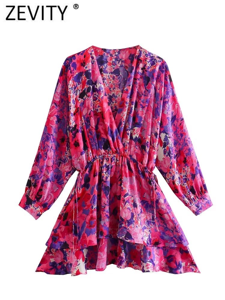 Zevity Women Fashion V Neck Floral Print Double Layer Ruffles A Line Mini Shirt Dress Female Chic V Neck Lace Up Vestidos DS3765