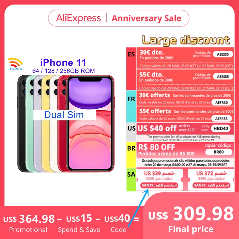 Apple iPhone 11 Dual Sim 2 Sim iPhone11 64GB 128GB 256GB 6.1' Original Retina IPS LCD Face ID NFC Unlocked 4G LTE Cell Phone